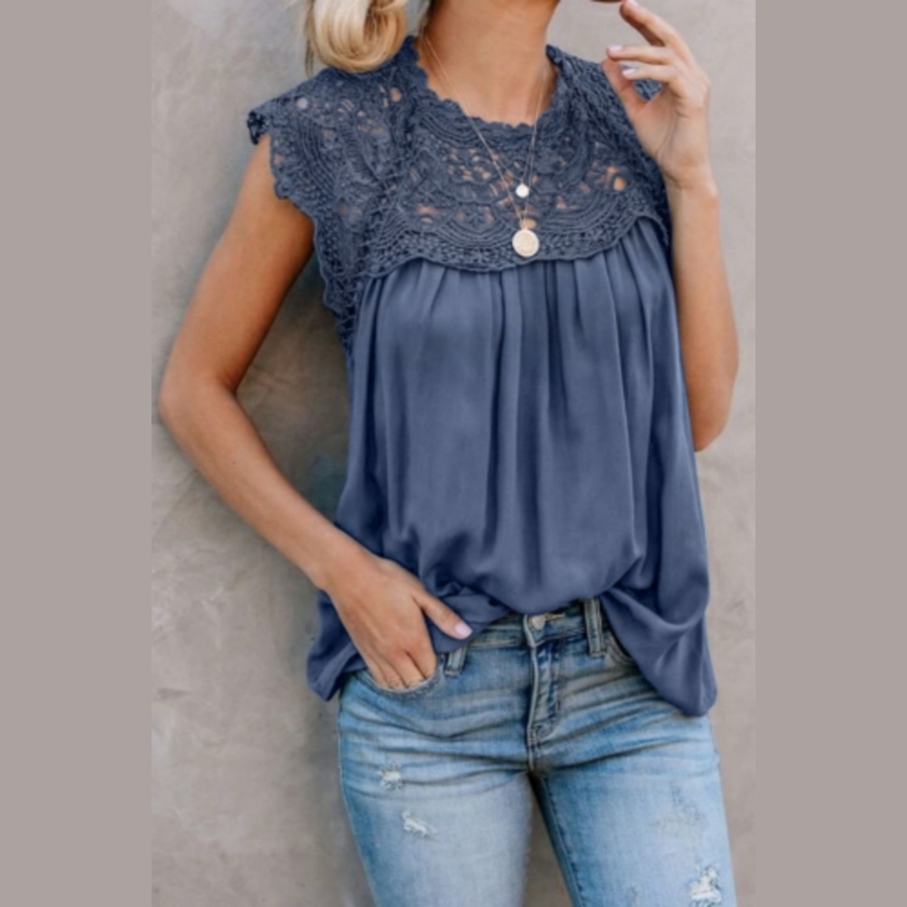 Blue Crochet Lace Detail Blouse